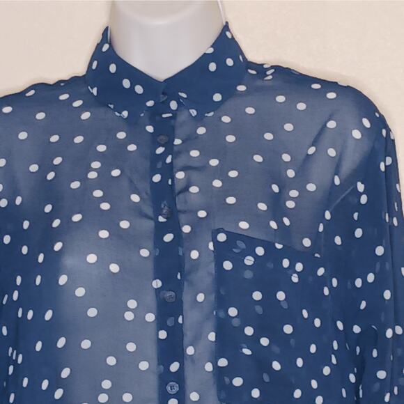 Garage Sheer Navy Polka Dot Button Down Shirt Size XS - Picture 3 of 9